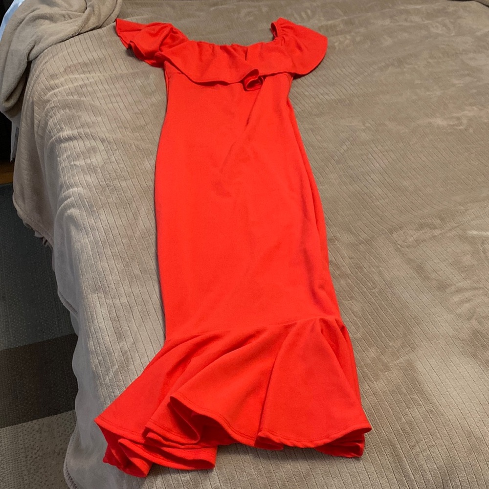 Off-Shoulder Red Maxi Dress with Flounce Hem